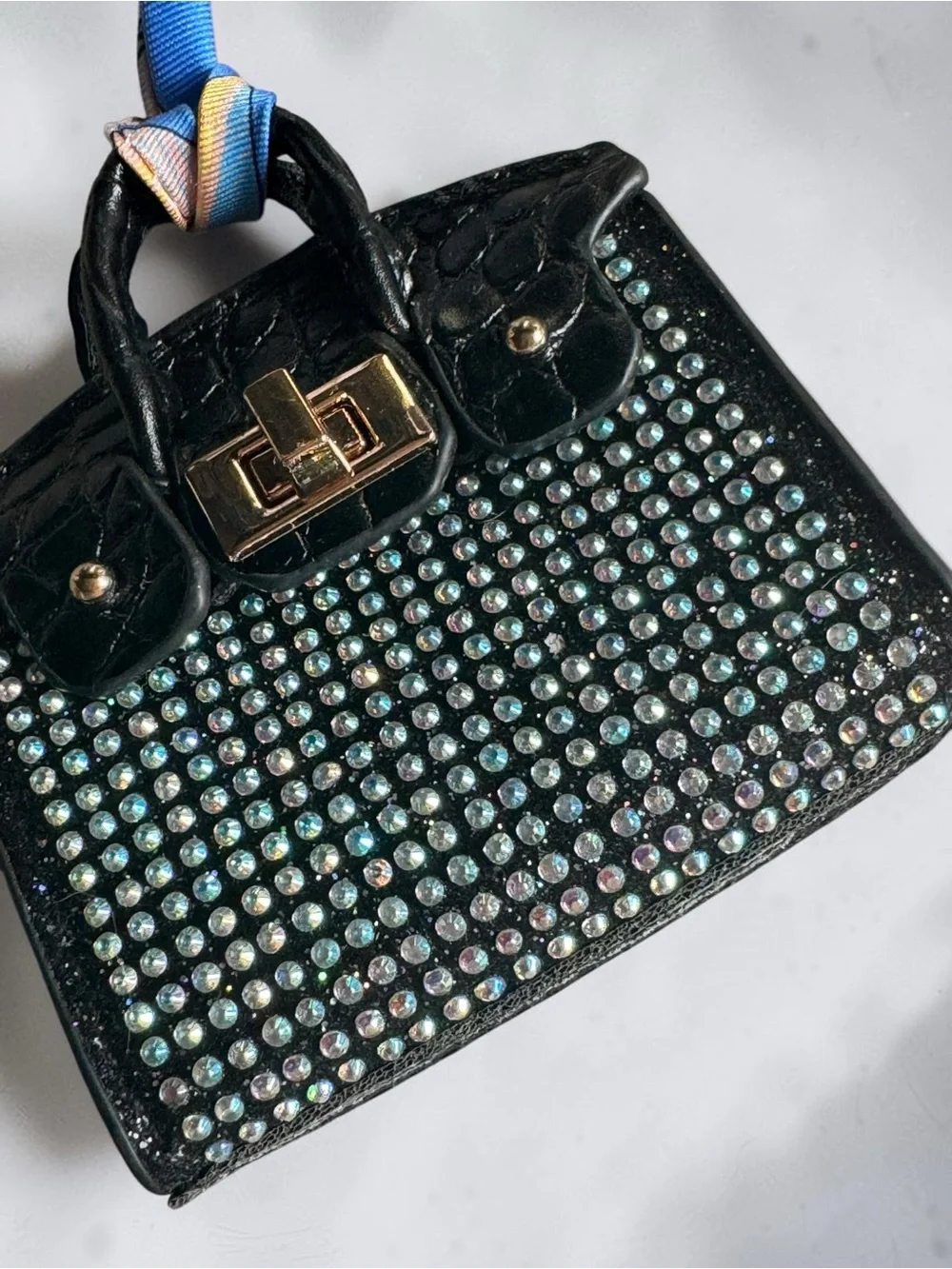 Black Crystal-Embellished Mini Satchel  Bag Charm